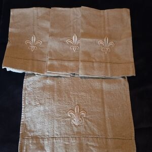 Elegant Tan Table Linens with Fleur-de-Lis Embroidery